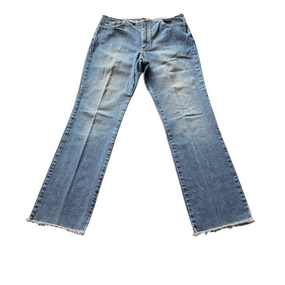 90's Express Jeans Mid Rise Frayed Hemline Distressed Look Straight Leg - Picture 1 of 5